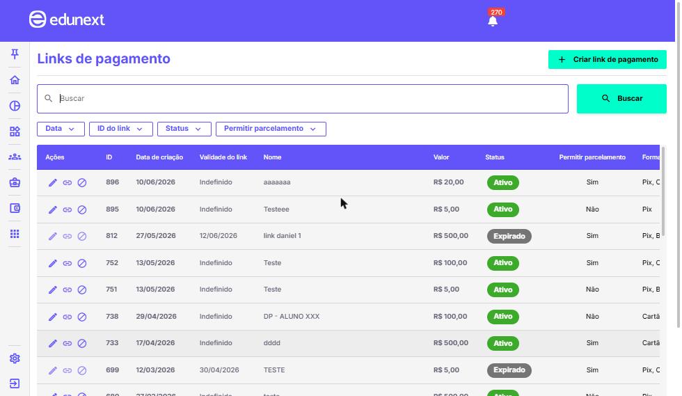 Painel de Links de pagamento com o botão Criar link de pagamento