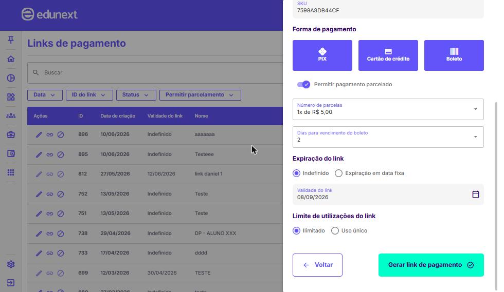 Configurações de parcelamento, vencimento do boleto, expiração e limite de utilizações do link