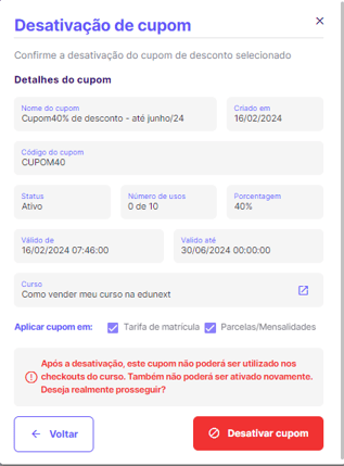 desativação do cupom